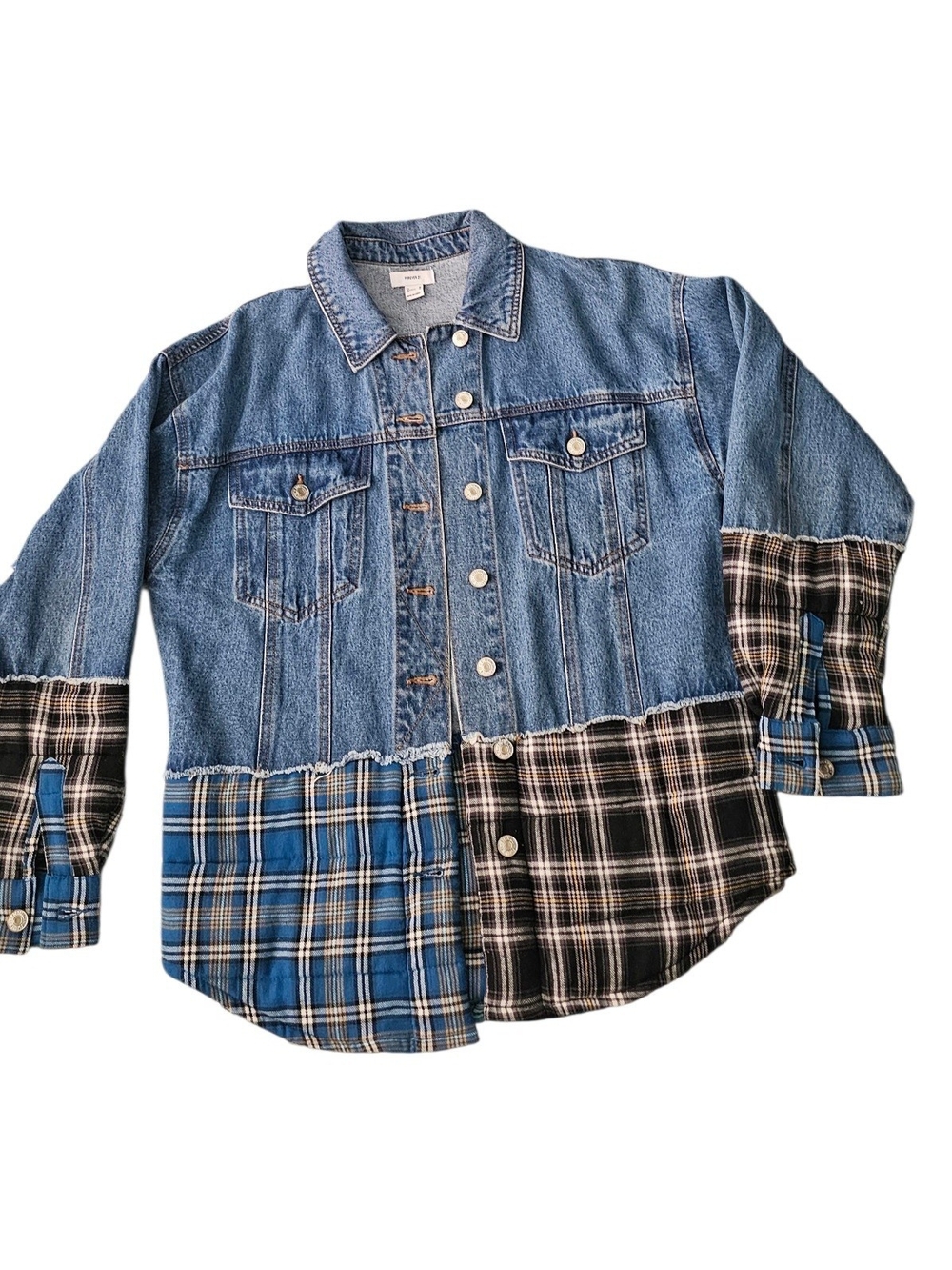 Forever 21 Blue Denim Jacket with Blue & Black Plaid Quilted Hem